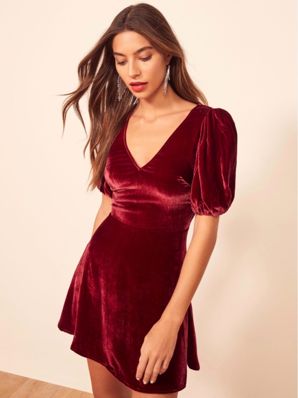 Reformation Peri Dress Burgundy Moody Maroon Mini Dress Puffer Sleeve V-Neck
